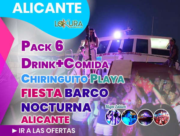 Pack-6-Drink+Comida-Chiringuito-Playa-Alicante+Fiesta-Barco-Nocturna-Alicante